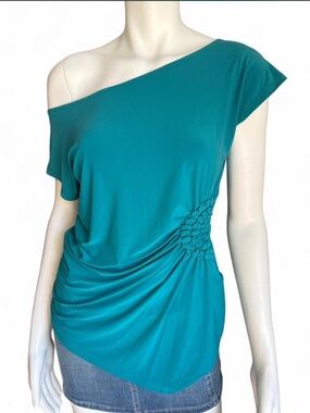Y2K teal off Shoulder Ruched Top Draped Euro asymmetrical‎ Top